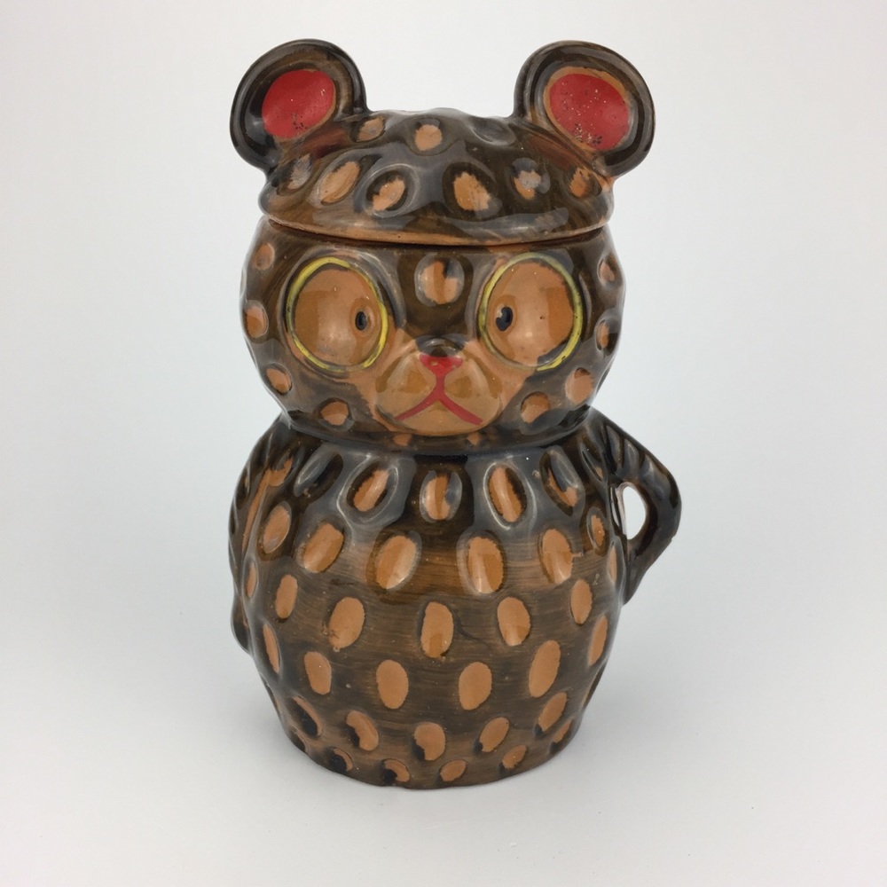 Brown ceramic bear jar with removable top